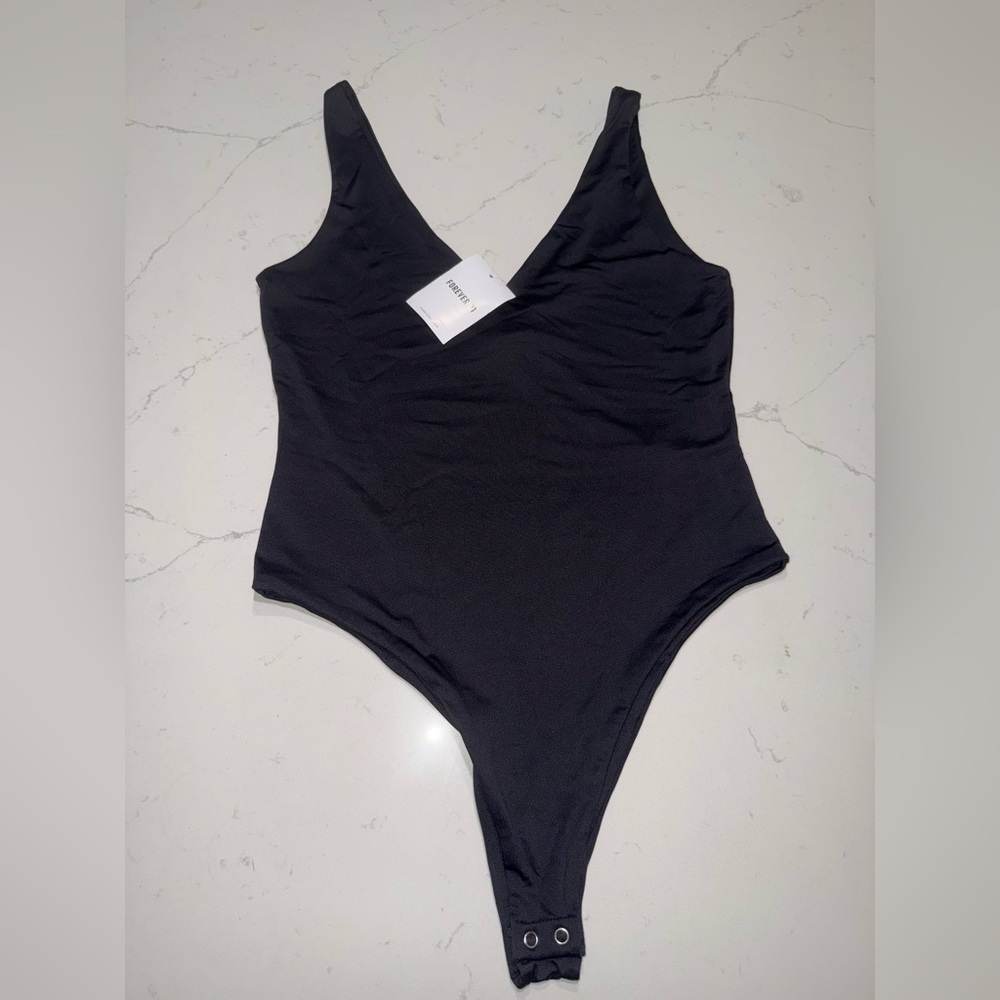 Black High Leg V-Neck Bodysuit NWT Forever21